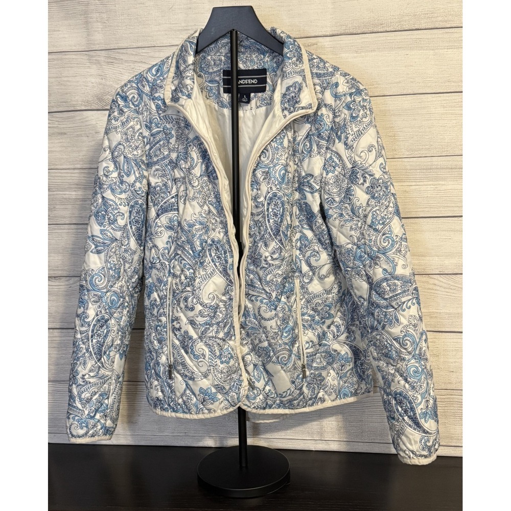 Lands' End Women's Quilted Puffer Jacket Paisley Blue Sz L 14-16